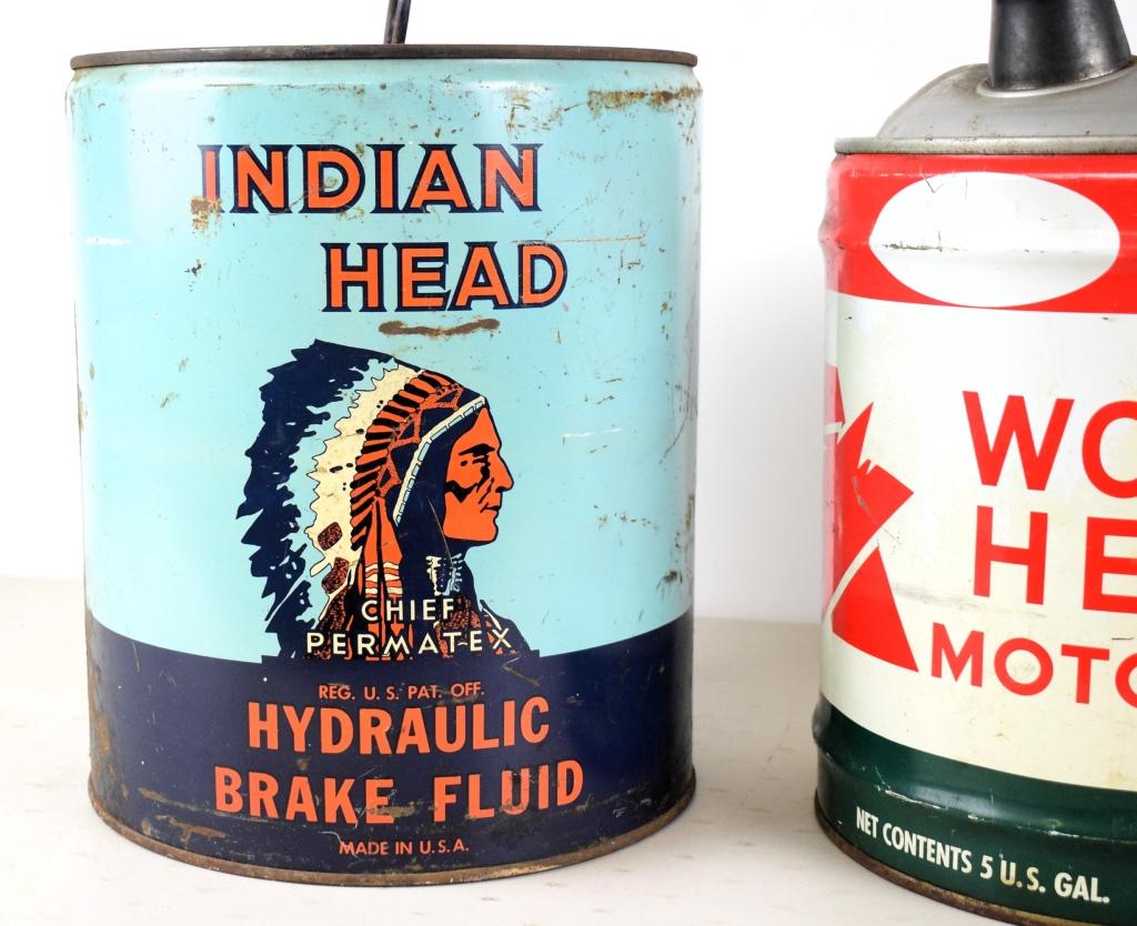 Indian Head & Wolf's Head 5 gallon cans