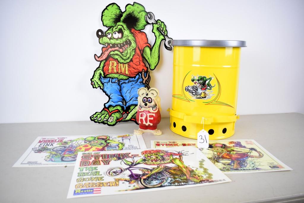 Rat Fink trash can, sign & character