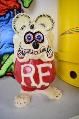 Rat Fink trash can, sign & character