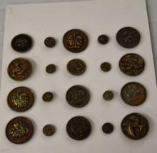 6 Cards wood back buttons, misc metal picture,
