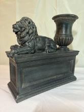 Impressive Cast Iron-Style Garden Sculpture – Regal Lion with Classical Urn on Paneled Plinth