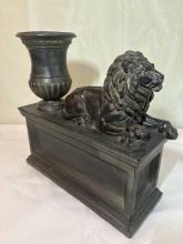 Impressive Cast Iron-Style Garden Sculpture – Regal Lion with Classical Urn on Paneled Plinth