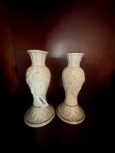 Pair of Ivory Glazed Porcelain Pedestal Vases with Embossed Floral Motifs