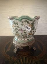 Hand-Painted Porcelain Cachepot with Ornate Metal Base