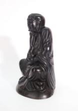 Antique Chinese Carved Wood Figure Of A Sitting Man In A Robe Holding A Bowl 19th Cent