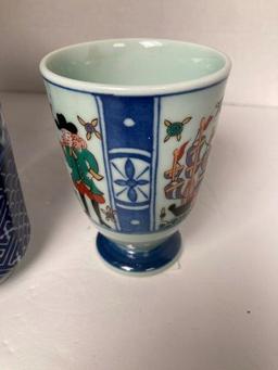 3 Pieces of Blue and White Japanese Vases one with Lid