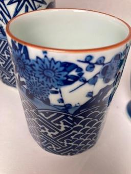 3 Pieces of Blue and White Japanese Vases one with Lid