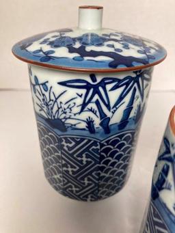 3 Pieces of Blue and White Japanese Vases one with Lid