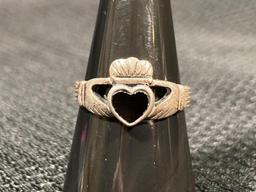 Sterling Silver Onyx Claddagh Ring Size 8