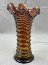 Carnival Glass Fluted Vase in Amber