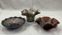 Three Iridescent Amethyst Carnival Glass Bowls