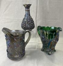 Three Iridescent Carnival Glass Vessels