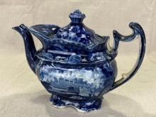 Early Staffordshire Flow Blue Teapot