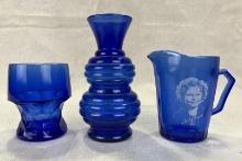 Three Cobalt Blue Pressed Glass Vessels