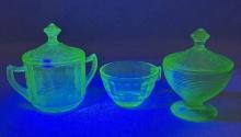 Uranium Depression Glass Teacup and Sugar Dishes