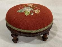 Antique Round Needlepoint Footstool