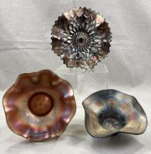 Group of Three Carnival Glass Ruffled Bowls