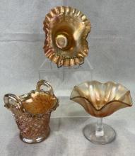 Three Iridescent Marigold Carnival Glass Vessels