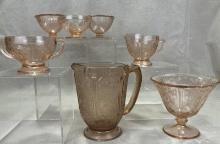 Collection of Seven Pink Depression Glassware Pieces
