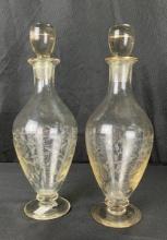 Pair of Hand-Blown and Etched Glass Wine Decanters