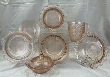 Seven Pieces of Pink Depression Glass