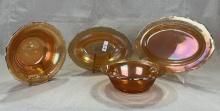 Four Federal Marigold Carnival Glass Dishware Pieces