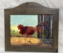 Folk Art Painting of Rooster in Barn