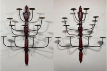 Pair of Large Tole and Iron Pillar Candle Sconces