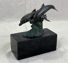 Pair of Cast Bronze Dolphins in Waves on Marble Base