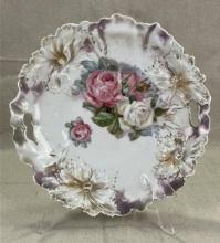 R.S. Prussia Embossed and Gilded Porcelain Plate with Painted Roses