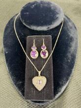 Sterling Silver Amethyst Stone Locket and Earrings