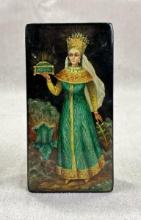 Antique Russian Hand-Painted Miniature Lacquer Box, Signed, Dated 1970