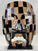 Mayan-Inspired Face Mask Sculpture with Inlaid Abalone Shell