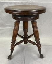 Walnut and Brass Clawfoot Adjustable Piano Stool