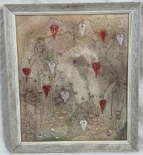 Evans, Hearts in Web (Abstraction), Mixed Media on Paper