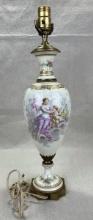 Gilded Porcelain Lamp with Grecian Painted Motif and Brass Accents