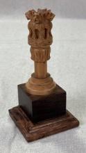Hand-Carved Wooden Miniature Ashoka Pillar with Four Lions