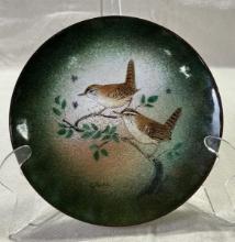 Ceramic Green Glazed Plate with Hand-Painted Wrens