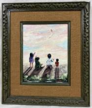 Mid-Century Modern, Flying a Kite, Oil on Board
