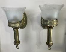 Pair of Brass Gasoliers Wall Sconces with Acid-Etched Glass Shades, Greek Key Design