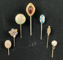 Antique and Vintage Pin Collection Featuring Enamel Work and Natural Stone