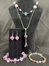 Floral Blown Glass Jewelry Collection with Sterling Silver Bracelet