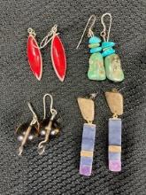 Group of Four Natural Stone Earrings Featuring Turquoise, Smoky Quartz, and Sterling Silver