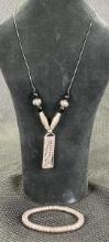 Sterling Silver Modern Design Necklace and Silvertone Beaded Bracelet