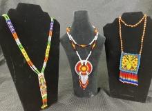Group of Three Native American Beaded Necklaces Featuring Navajo Thunderbird