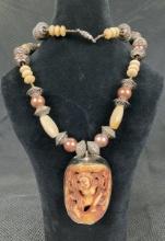 Lois S. Beiker Ivory-Style Figurative Carved and Beaded Necklace