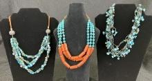 Necklace Trio Featuring Faux Blue Pearl, Turquoise, and Coral