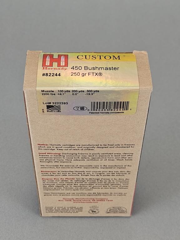 20rd Hornady Custom 450 Bushmaster Ammo