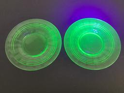 Two Uranium Green Depression Glass Block Optic Salad Plates