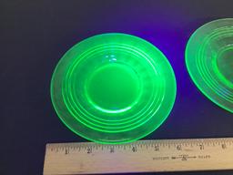 Two Uranium Green Depression Glass Block Optic Salad Plates